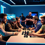 **

"Valorant players gathering at an offline event in a brightly lit gaming center, socializing and playing together. Focus on the camaraderie and excitement of a real-life gaming community."

**