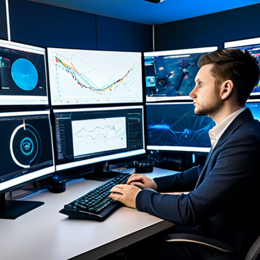 A professional esports strategist, fully clothed in a modest professional business casual outfit, sits at a sleek, modern desk surrounded by multiple large monitor displays showing complex data visualizations. Their expression is one of deep concentration and thoughtful analysis, conveying profound insight and strategic foresight. The room is a high-tech esports analysis room with subtle, diffused lighting and clean, futuristic lines. The image is a professional photograph, safe for work, appropriate content, perfect anatomy, correct proportions, natural pose, well-formed hands, proper finger count, natural body proportions, family-friendly, high quality.