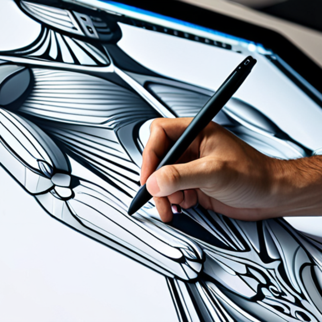 A skilled digital artist, fully clothed in professional, modest attire, focused intently on a large digital drawing tablet in a brightly lit, modern studio. On the tablet screen, abstract, intricate design patterns are visible, symbolizing creative game asset design. The artist has a natural pose, with well-formed hands holding a stylus. The background is a clean, organized workspace with shelves holding concept art books. perfect anatomy, correct proportions, natural body proportions, proper finger count, safe for work, appropriate content, fully clothed, professional, high-quality digital art, sharp focus, vibrant colors, studio lighting, detailed, 8K.