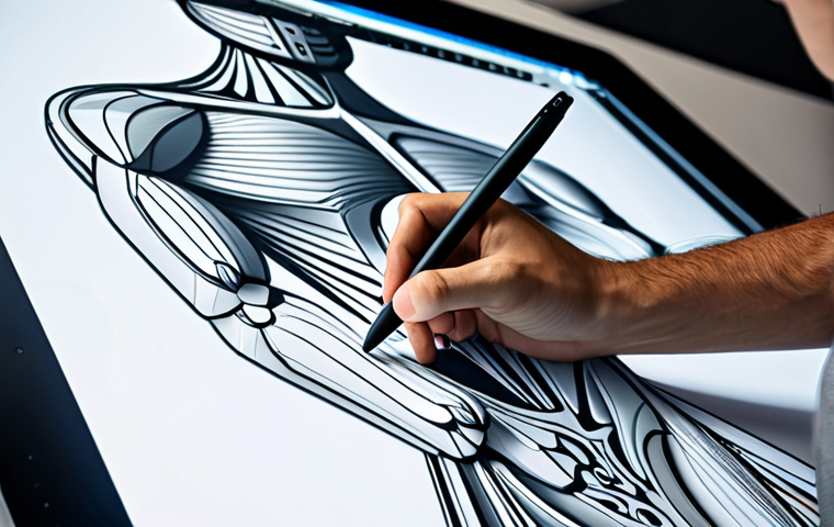 A skilled digital artist, fully clothed in professional, modest attire, focused intently on a large digital drawing tablet in a brightly lit, modern studio. On the tablet screen, abstract, intricate design patterns are visible, symbolizing creative game asset design. The artist has a natural pose, with well-formed hands holding a stylus. The background is a clean, organized workspace with shelves holding concept art books. perfect anatomy, correct proportions, natural body proportions, proper finger count, safe for work, appropriate content, fully clothed, professional, high-quality digital art, sharp focus, vibrant colors, studio lighting, detailed, 8K.
