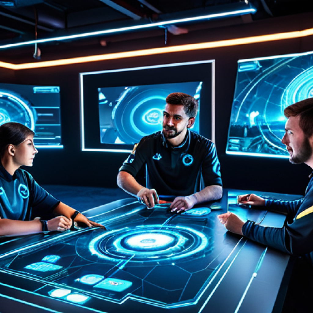 A diverse team of five professional esports players, male and female, in modern, modest esports team uniforms, gathered around a glowing holographic tactical map displaying a futuristic game arena. They are engaged in a strategic discussion, pointing at the map with focused expressions, illustrating teamwork and complex planning. The background is a sleek, brightly lit gaming studio with advanced tech equipment. Professional photography, high detail, vibrant colors, perfect anatomy, correct proportions, natural pose, well-formed hands, proper finger count, natural body proportions, safe for work, appropriate content, fully clothed, professional dress.