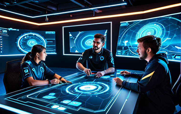A diverse team of five professional esports players, male and female, in modern, modest esports team uniforms, gathered around a glowing holographic tactical map displaying a futuristic game arena. They are engaged in a strategic discussion, pointing at the map with focused expressions, illustrating teamwork and complex planning. The background is a sleek, brightly lit gaming studio with advanced tech equipment. Professional photography, high detail, vibrant colors, perfect anatomy, correct proportions, natural pose, well-formed hands, proper finger count, natural body proportions, safe for work, appropriate content, fully clothed, professional dress.