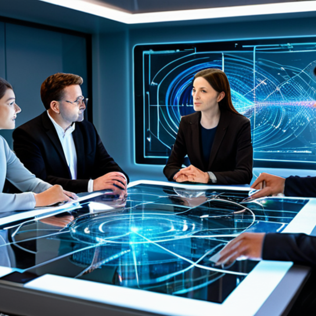 A diverse group of four professional individuals, fully clothed in modest business attire, are engaged in a strategic discussion around a futuristic holographic table. The table displays abstract data visualizations and interconnected lines, symbolizing complex analysis and team synergy. The setting is a clean, modern command center with soft, ambient lighting. perfect anatomy, correct proportions, natural pose, well-formed hands, proper finger count, natural body proportions, safe for work, appropriate content, professional photography, high quality, family-friendly.