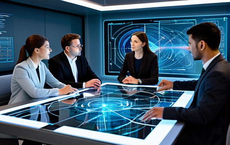 A diverse group of four professional individuals, fully clothed in modest business attire, are engaged in a strategic discussion around a futuristic holographic table. The table displays abstract data visualizations and interconnected lines, symbolizing complex analysis and team synergy. The setting is a clean, modern command center with soft, ambient lighting. perfect anatomy, correct proportions, natural pose, well-formed hands, proper finger count, natural body proportions, safe for work, appropriate content, professional photography, high quality, family-friendly.