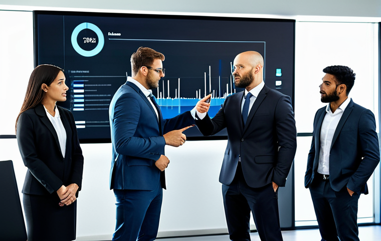 A diverse team of professional individuals, fully clothed in modest business attire, collaborating intently around a large interactive digital display in a modern, well-lit conference room. They are engaged in a strategic discussion, with natural poses and focused expressions, pointing at the screen to emphasize teamwork. Professional photography, high quality, studio lighting, detailed, realistic, safe for work, appropriate content, fully clothed, professional, perfect anatomy, correct proportions, natural body proportions, well-formed hands, proper finger count.
