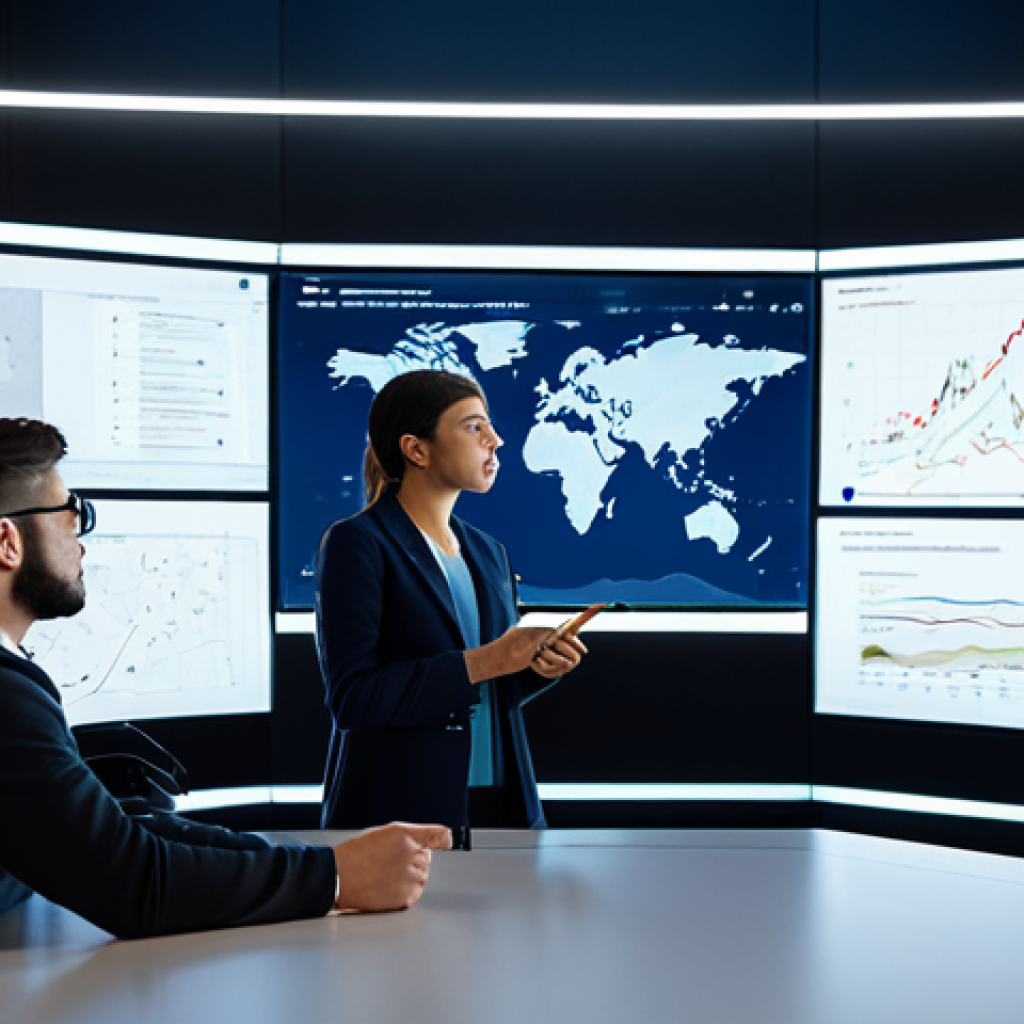 A diverse team of young adult professionals, fully clothed in modest, appropriate attire and modern professional dress, are gathered around large transparent data screens in a sleek, futuristic esports analysis center. They are engaged in collaborative discussion, pointing at complex abstract data visualizations and strategic maps displayed on the screens. The atmosphere is highly focused and intelligent. Perfect anatomy, correct proportions, natural poses, well-formed hands, proper finger count, natural body proportions. Professional photography, high-resolution, sharp focus, clean lighting, safe for work, appropriate content, family-friendly.