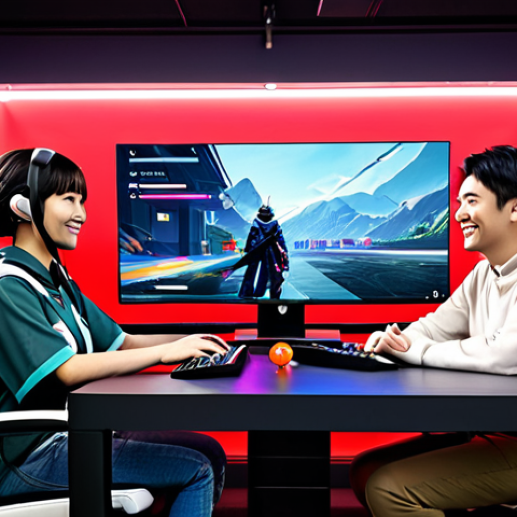 Collaborative Valorant Stream** A brightly lit gaming room with two Japanese Valorant streamers, a man and a woman, both smiling and wearing comfortable but stylish gaming attire, fully clothed. They are in front of their computers with gaming setups, Valorant gameplay visible on the screens. The background shows shelves with gaming merchandise and posters. "Safe for work, appropriate content, fully clothed, professional, perfect anatomy, natural proportions, high quality, dynamic lighting, family-friendly." **