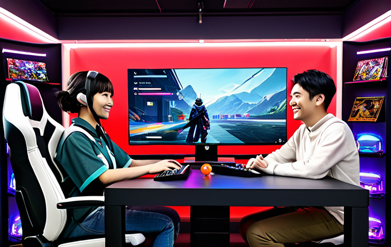 Collaborative Valorant Stream** A brightly lit gaming room with two Japanese Valorant streamers, a man and a woman, both smiling and wearing comfortable but stylish gaming attire, fully clothed. They are in front of their computers with gaming setups, Valorant gameplay visible on the screens. The background shows shelves with gaming merchandise and posters. "Safe for work, appropriate content, fully clothed, professional, perfect anatomy, natural proportions, high quality, dynamic lighting, family-friendly." **