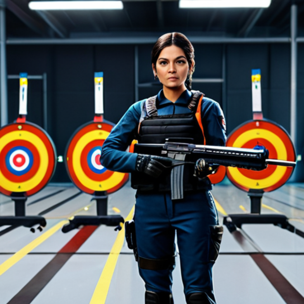 **A VALORANT agent (e.g., Reyna) fully clothed in her standard outfit, holding a rifle, standing in a training range. The background shows various target dummies. Professional, safe for work, appropriate content, perfect anatomy, natural pose.**