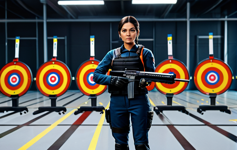 **A VALORANT agent (e.g., Reyna) fully clothed in her standard outfit, holding a rifle, standing in a training range. The background shows various target dummies. Professional, safe for work, appropriate content, perfect anatomy, natural pose.**