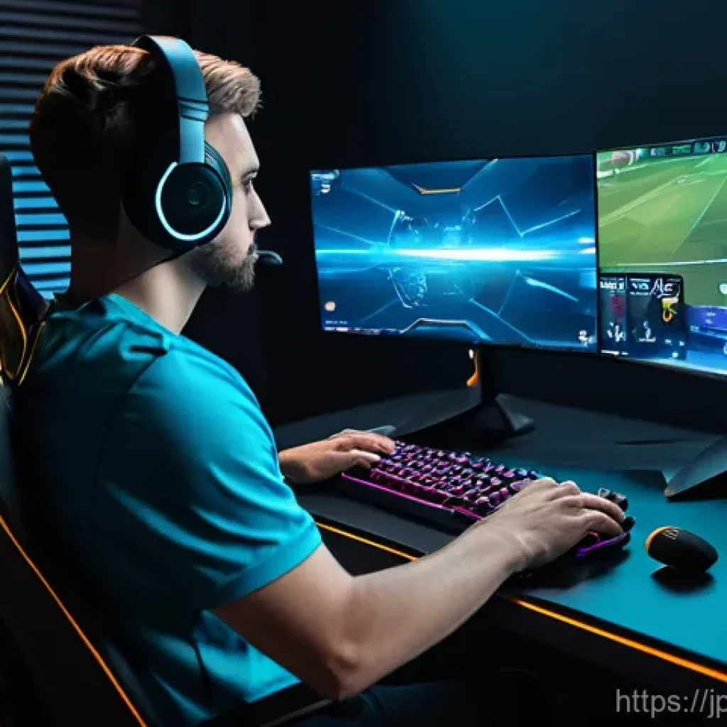 발로란트 유저 중심 콘텐츠 - **Prompt:** A focused young adult, possibly non-binary, sits in a modern gaming chair, intently look...