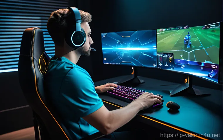 발로란트 유저 중심 콘텐츠 - **Prompt:** A focused young adult, possibly non-binary, sits in a modern gaming chair, intently look...