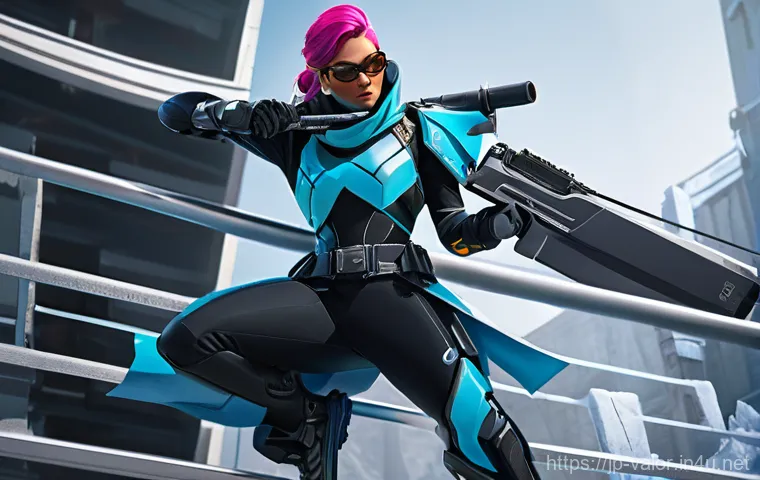 발로란트 명당 위치 설명 - A female Valorant agent, specifically Jett, in her signature tactical uniform, executing a swift and... 발로란트 명당 위치 설명 - A female Valorant agent, specifically Jett, in her signature tactical uniform, executing a swift and...