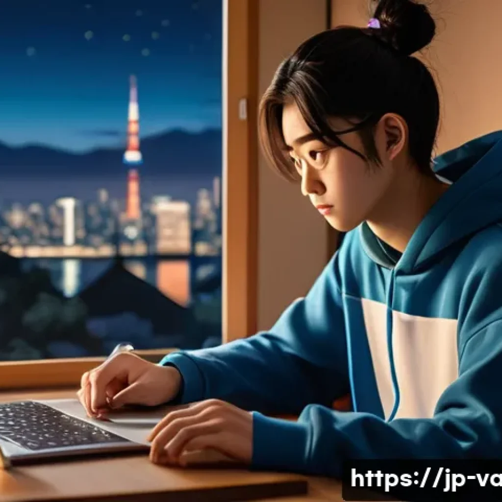 발로란트 비활성화 계정 해제 방법 - A detailed scene of a modern Japanese teenager sitting at a sleek desk in a cozy bedroom decorated w...