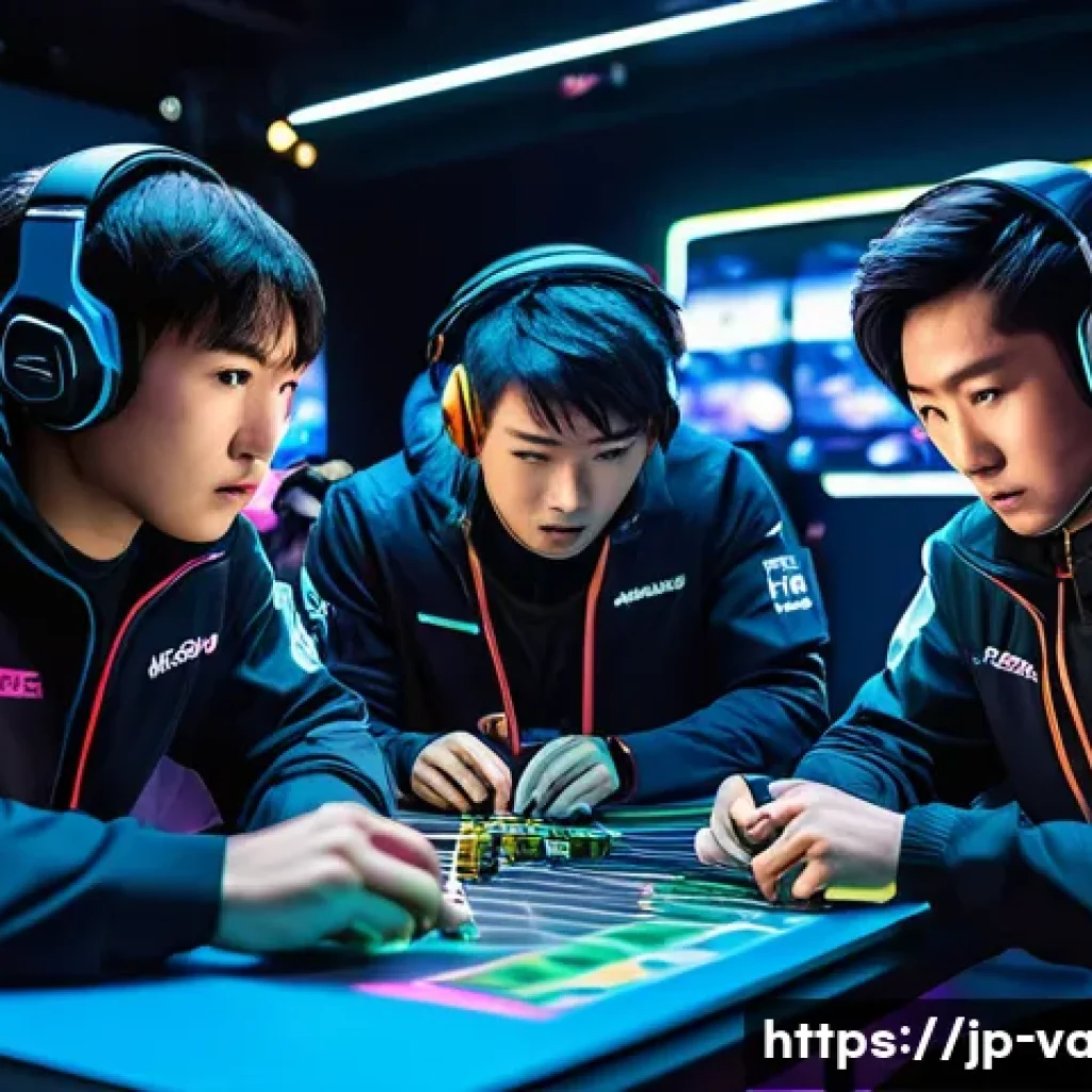 발로란트 게임 내 경제 시스템 - A dynamic esports scene showcasing a Japanese Valorant team in a modern gaming arena, with players w...