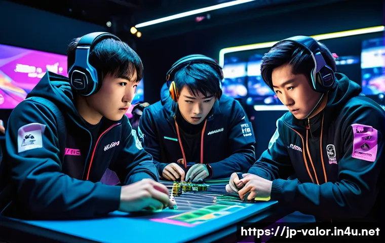 발로란트 게임 내 경제 시스템 - A dynamic esports scene showcasing a Japanese Valorant team in a modern gaming arena, with players w...