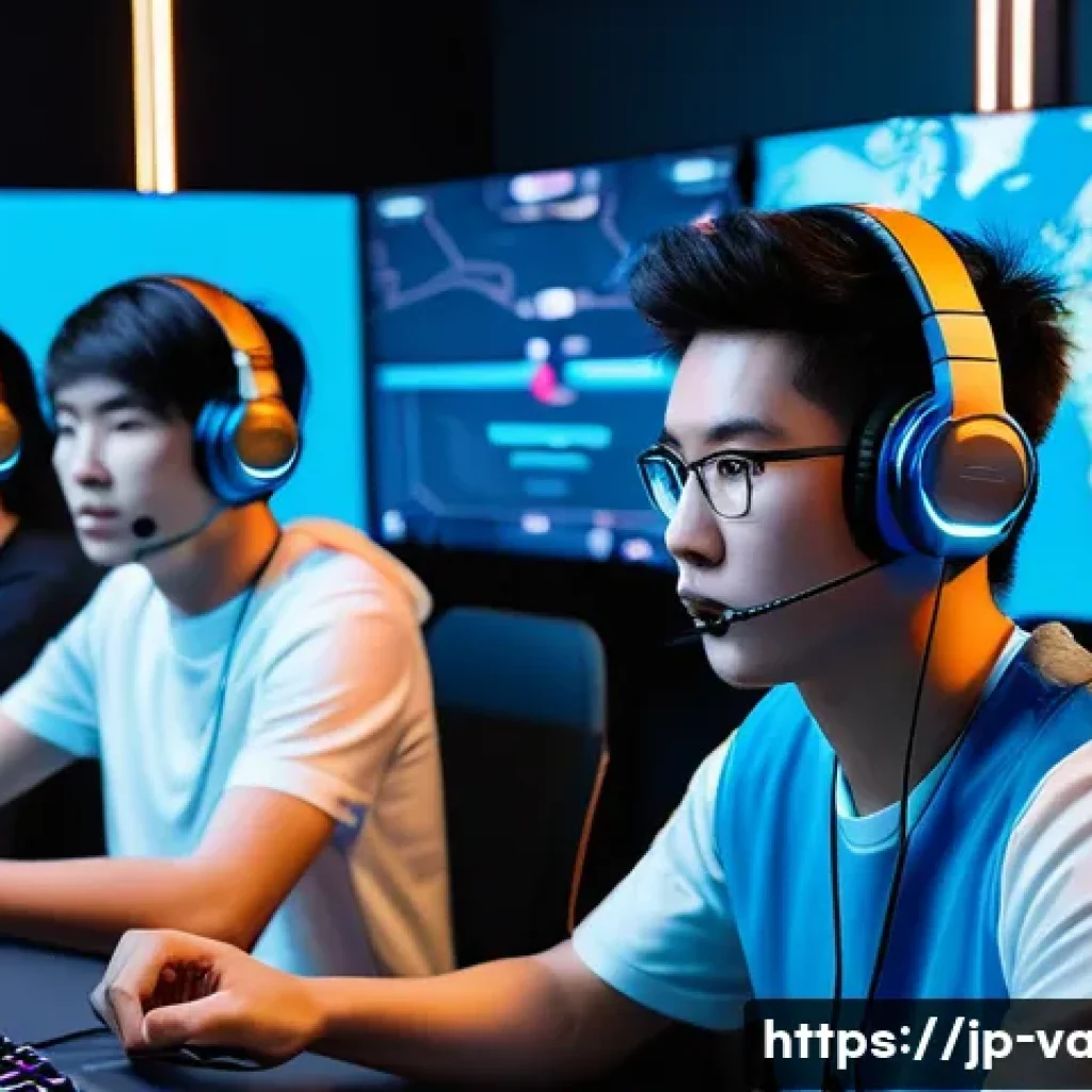 발로란트 신규 유저와의 협력 전략 - A dynamic esports team scene set in a modern gaming room, featuring five diverse Japanese young adul...