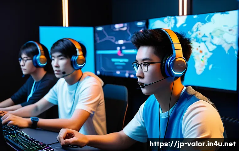 발로란트 신규 유저와의 협력 전략 - A dynamic esports team scene set in a modern gaming room, featuring five diverse Japanese young adul...