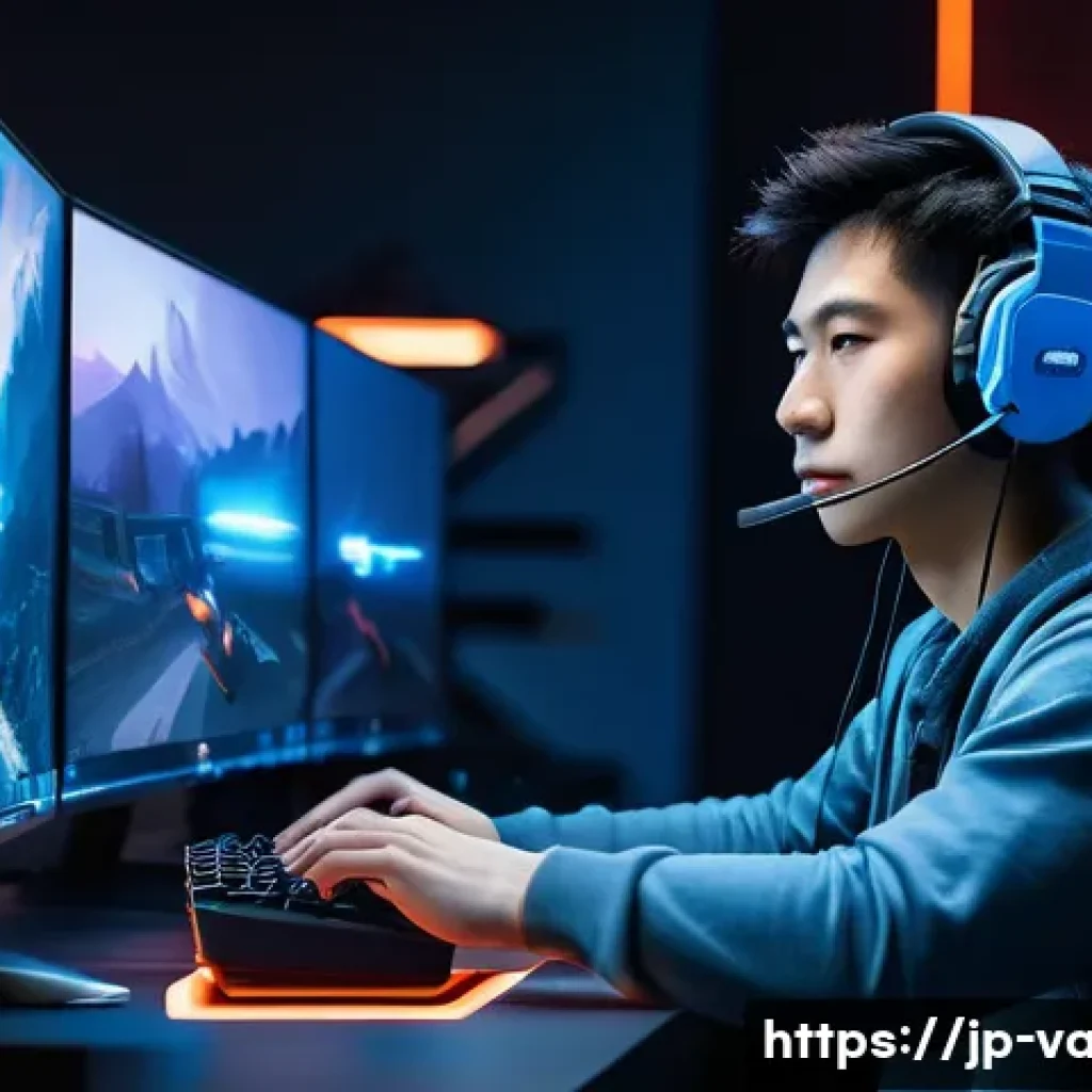 발로란트 초보자 주의사항 - A focused young Japanese gamer sitting at a sleek gaming desk with dual monitors displaying Valorant...
