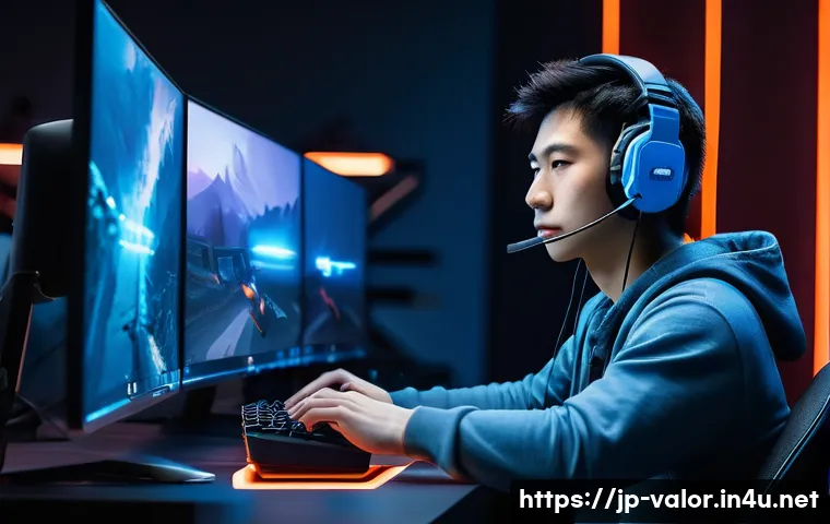 발로란트 초보자 주의사항 - A focused young Japanese gamer sitting at a sleek gaming desk with dual monitors displaying Valorant...