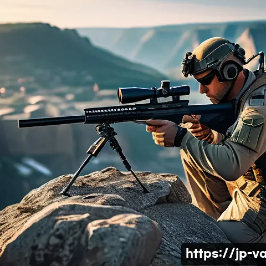 발로란트 오퍼레이터 활용법 - A skilled sniper operator positioned behind a natural rock cover on a high cliff overlooking an urba...