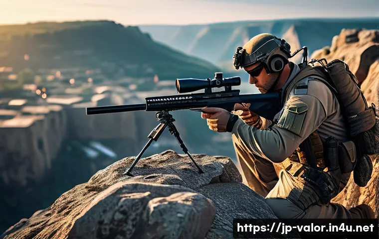 발로란트 오퍼레이터 활용법 - A skilled sniper operator positioned behind a natural rock cover on a high cliff overlooking an urba...