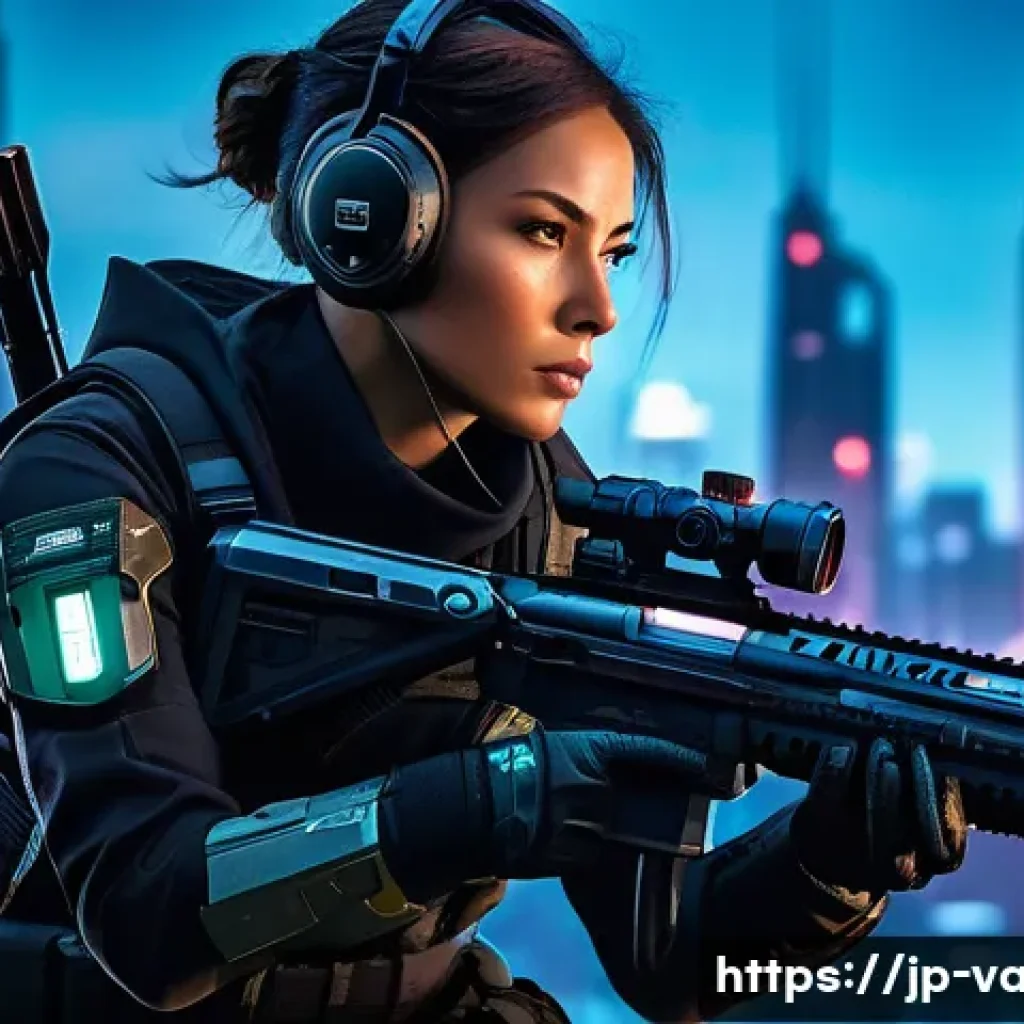 발로란트 전투 시스템 이해 - A dynamic scene of a futuristic tactical shooter featuring a female agent in sleek, high-tech armor ...