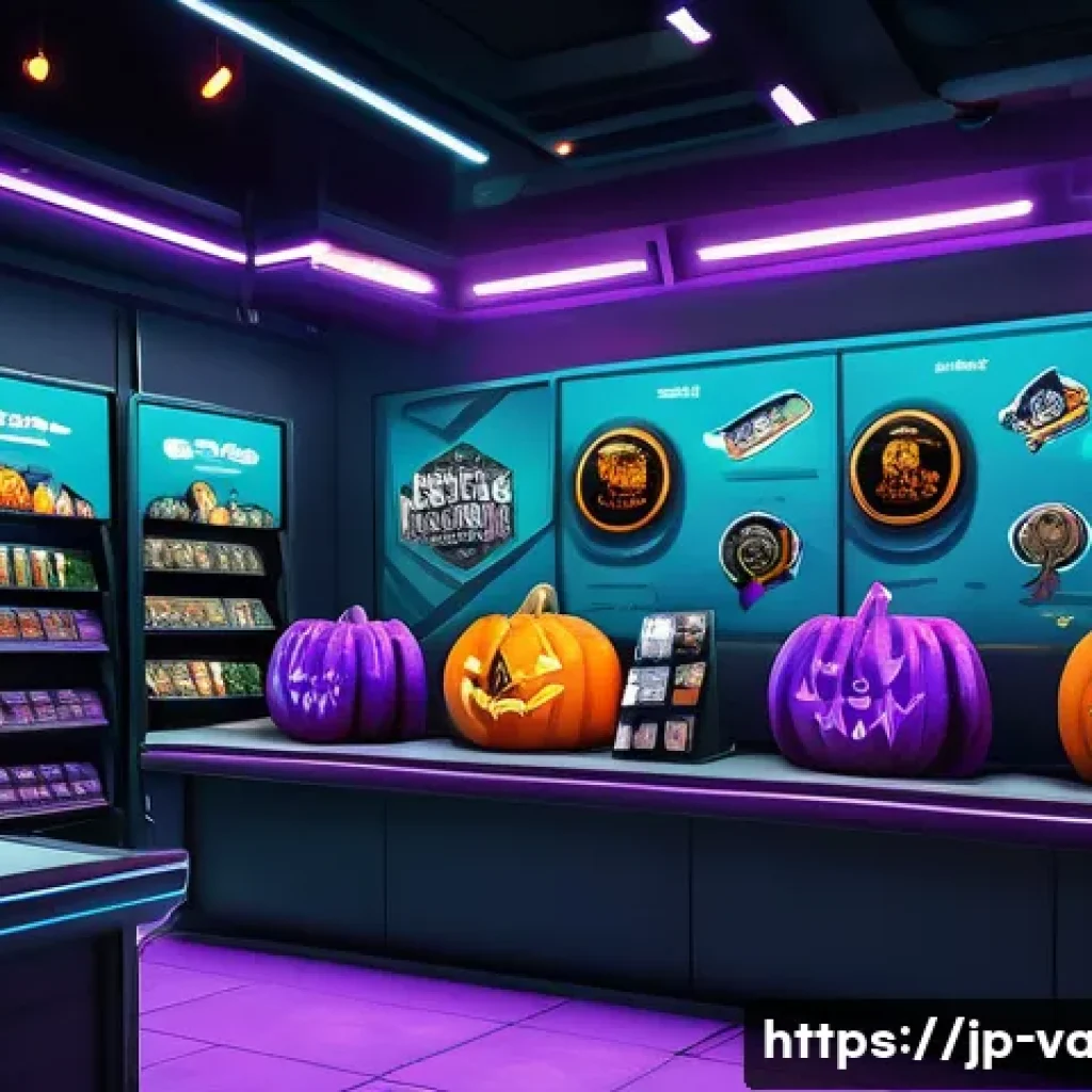 발로란트 유료 콘텐츠 할인 정보 - A vibrant, detailed digital illustration of a futuristic game store interface showcasing a seasonal ...