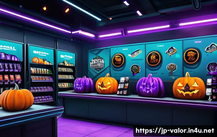 발로란트 유료 콘텐츠 할인 정보 - A vibrant, detailed digital illustration of a futuristic game store interface showcasing a seasonal ...