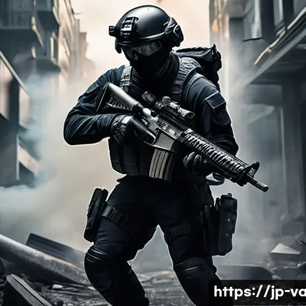 발로란트 신규 총기 데이터 - A futuristic middle-distance rifle with sleek dark matte finish and subtle glowing accents, shown in...