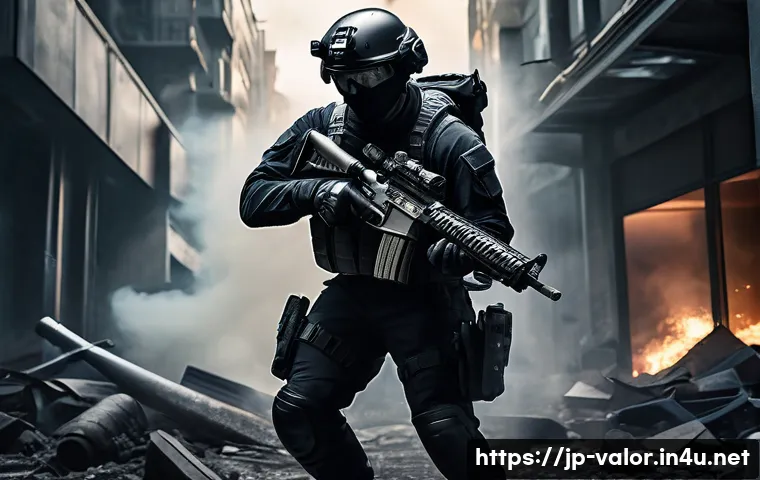 발로란트 신규 총기 데이터 - A futuristic middle-distance rifle with sleek dark matte finish and subtle glowing accents, shown in...