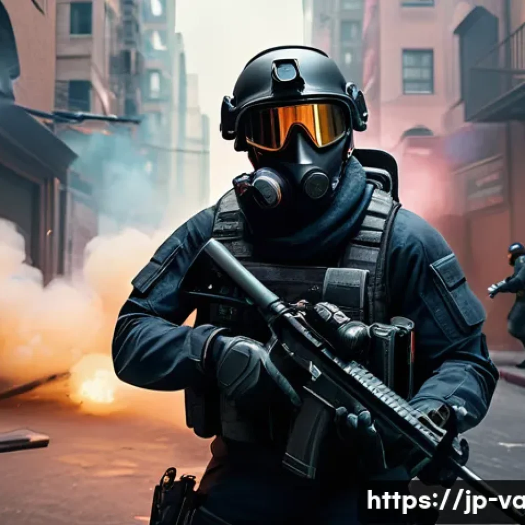 발로란트 캐릭터별 전술 가이드 - A dynamic tactical scene featuring an aggressive character from Valorant, wearing sleek tactical gea...