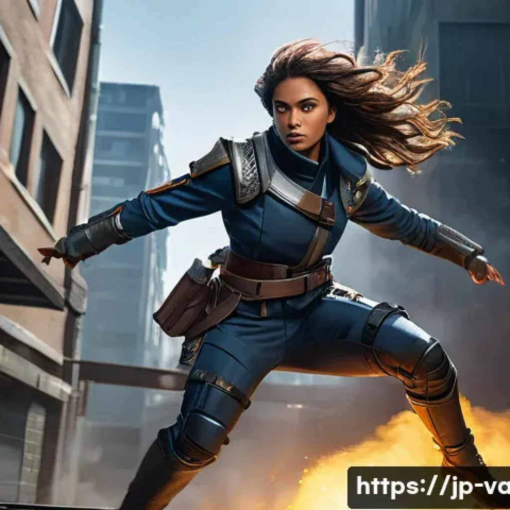 발로란트 유저 중심의 콘텐츠 제작 - A dynamic scene of a female Valorant Duelist agent inspired by Jett, depicted in sleek tactical atti...