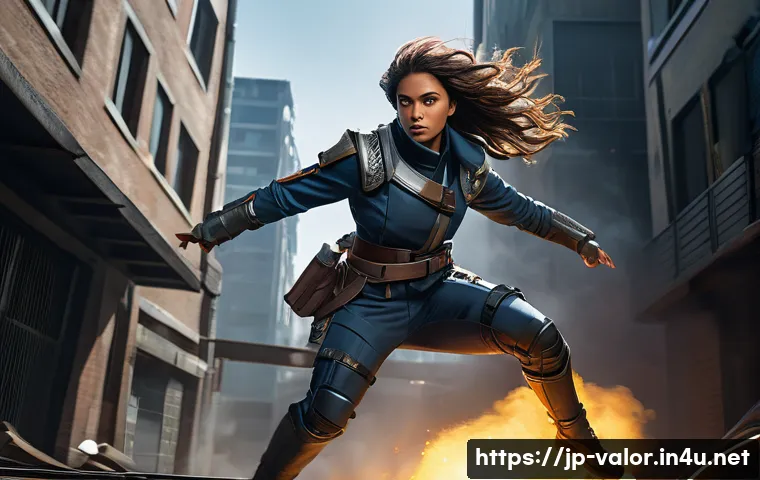 발로란트 유저 중심의 콘텐츠 제작 - A dynamic scene of a female Valorant Duelist agent inspired by Jett, depicted in sleek tactical atti...