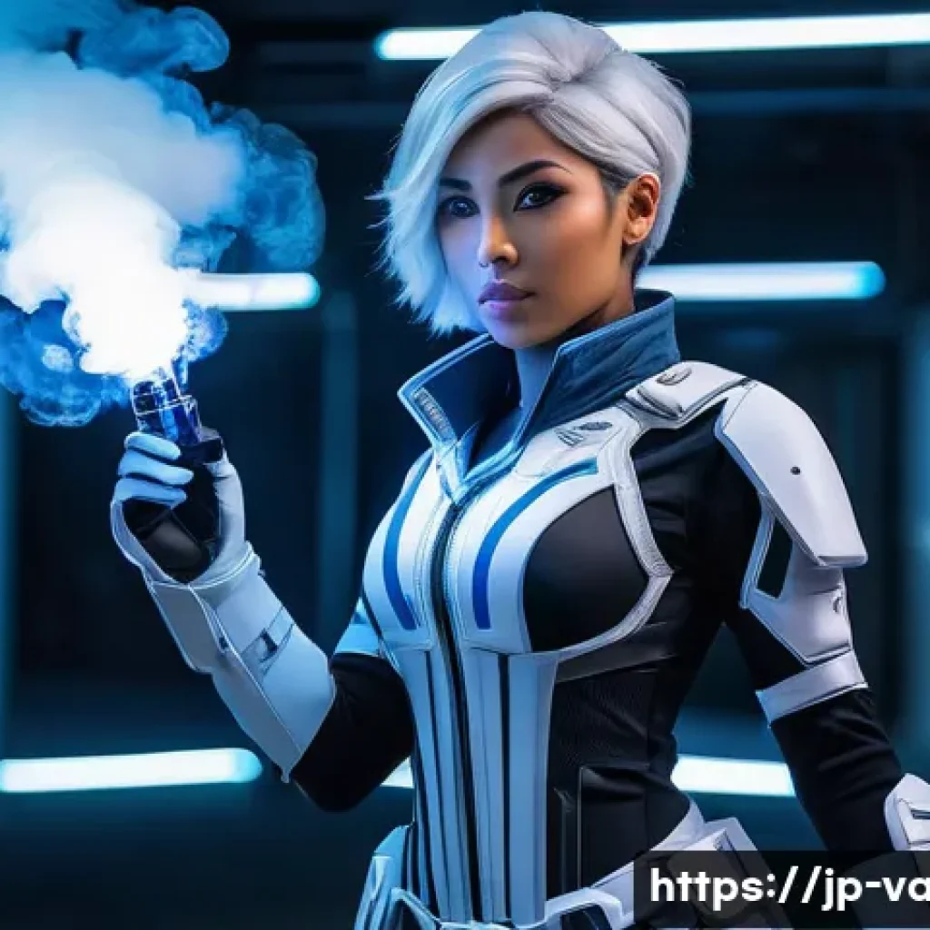 발로란트 인기 코스프레 캐릭터 - A dynamic cosplay portrait of Jett from Valorant, featuring her iconic white and black lightweight c...