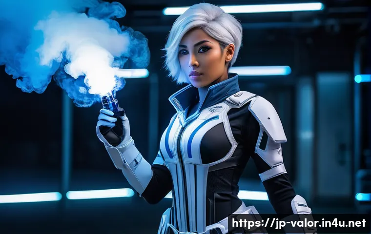 발로란트 인기 코스프레 캐릭터 - A dynamic cosplay portrait of Jett from Valorant, featuring her iconic white and black lightweight c...