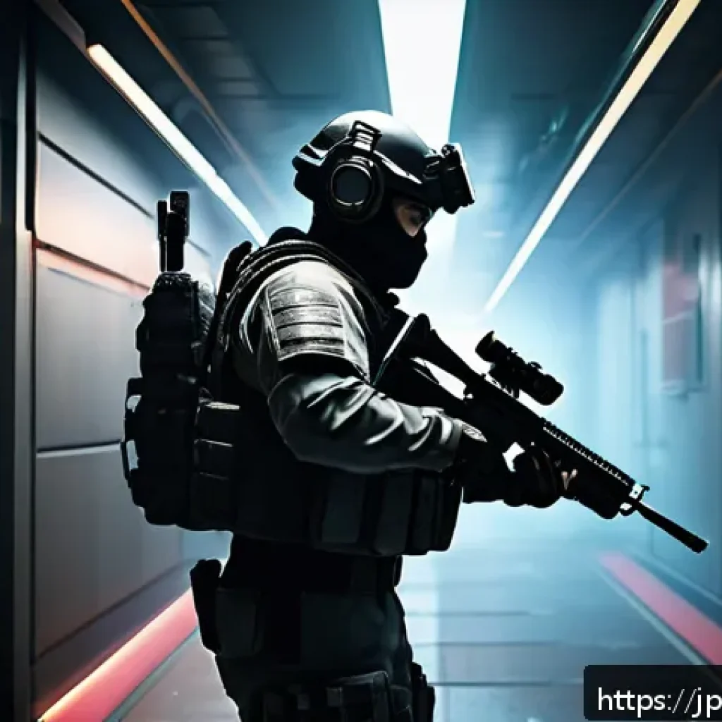 발로란트 방어 라운드 기본기 - A tactical first-person shooter scene set in a narrow, dimly lit corridor of a futuristic urban map ...