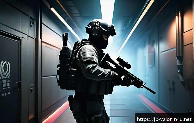 발로란트 방어 라운드 기본기 - A tactical first-person shooter scene set in a narrow, dimly lit corridor of a futuristic urban map ...
