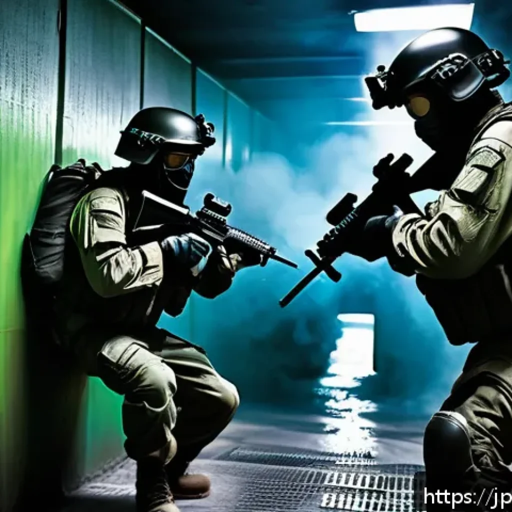 발로란트 신맵 펄 분석 - A dynamic tactical scene inside a complex underground passage of the Pearl map, featuring narrow, wi...