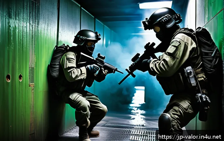 발로란트 신맵 펄 분석 - A dynamic tactical scene inside a complex underground passage of the Pearl map, featuring narrow, wi...