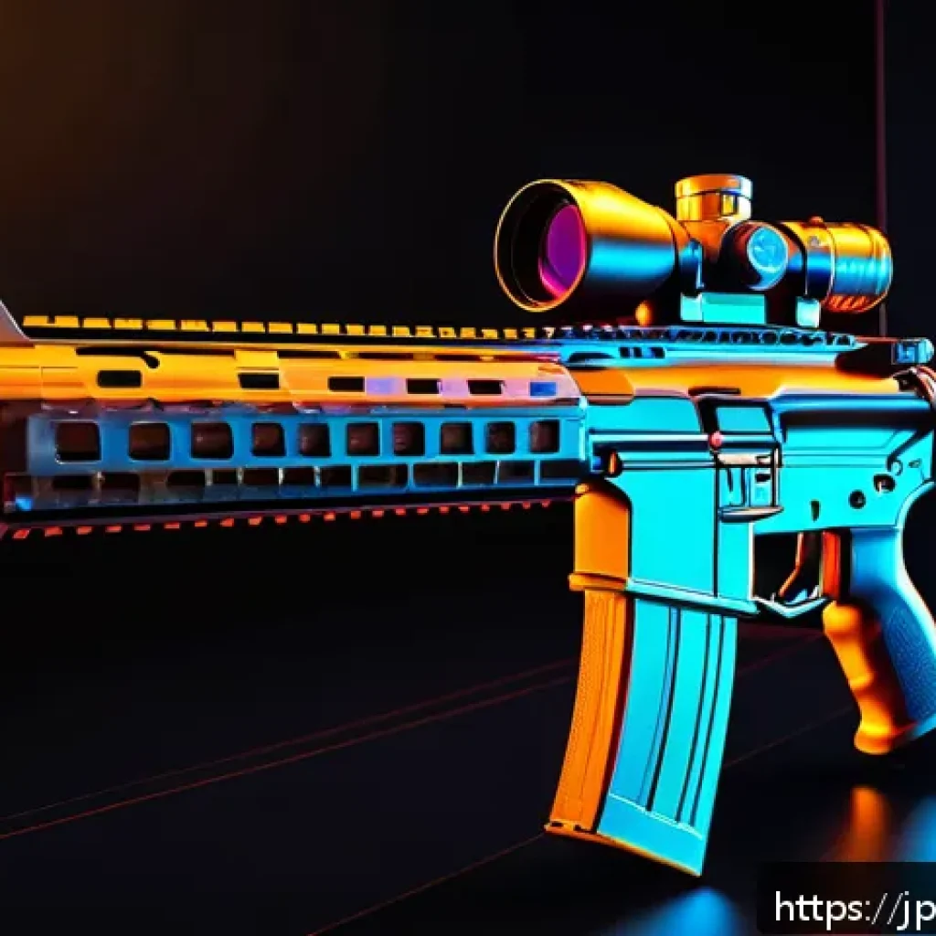 발로란트 스펙트럼 및 옵시디언 스킨 리뷰 - A sleek futuristic assault rifle skin with a vibrant spectrum gradient, displaying smooth transition...