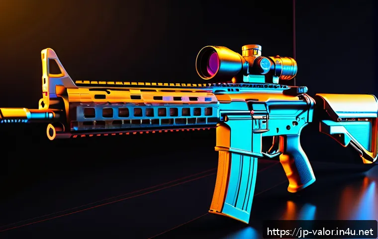발로란트 스펙트럼 및 옵시디언 스킨 리뷰 - A sleek futuristic assault rifle skin with a vibrant spectrum gradient, displaying smooth transition...