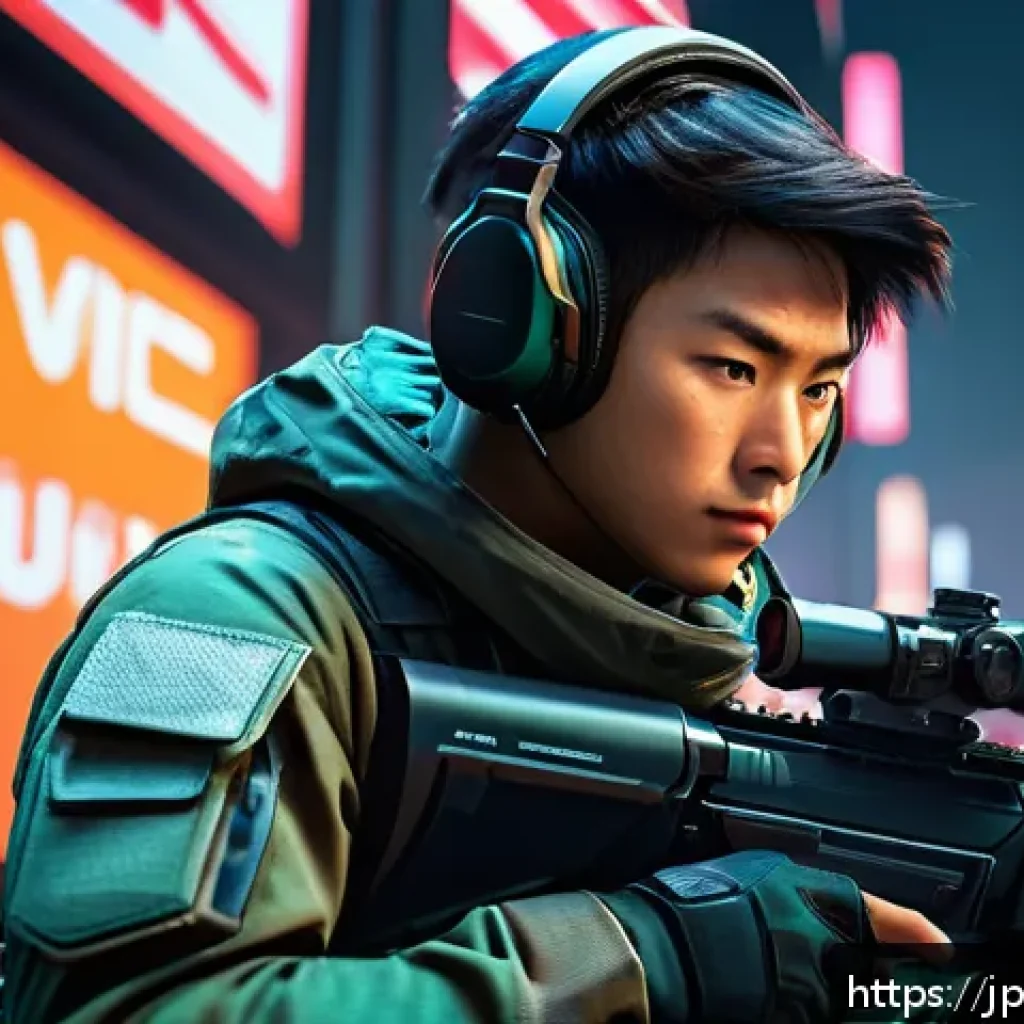 발로란트 유저 중심 콘텐츠 제작 - A dynamic gaming scene showcasing a skilled Valorant player mid-action, wearing tactical gear and a ...