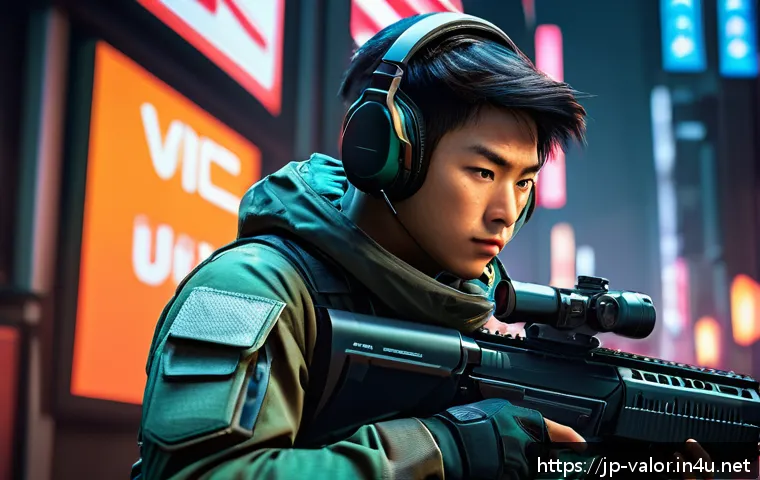 발로란트 유저 중심 콘텐츠 제작 - A dynamic gaming scene showcasing a skilled Valorant player mid-action, wearing tactical gear and a ...