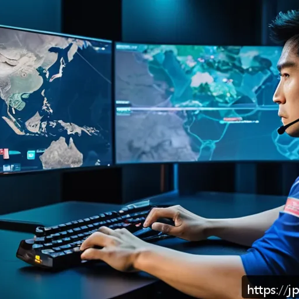 발로란트 프로 유저 인터뷰 - A high-energy esports team in a sleek, modern gaming room, intensely strategizing around a large dig...