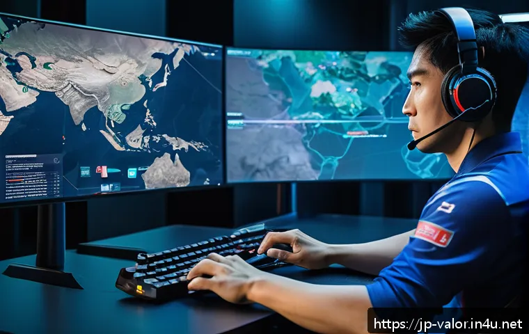 발로란트 프로 유저 인터뷰 - A high-energy esports team in a sleek, modern gaming room, intensely strategizing around a large dig...