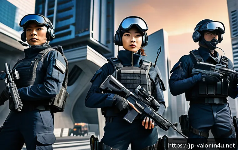 발로란트 랭크별 경기 난이도 - A dynamic scene of a team of five diverse VALORANT agents in tactical gear, coordinating their movem...