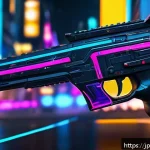 발로란트 스킨 종류 및 가격 - A futuristic cyberpunk-style weapon skin featuring vivid neon colors and intricate glowing light eff...