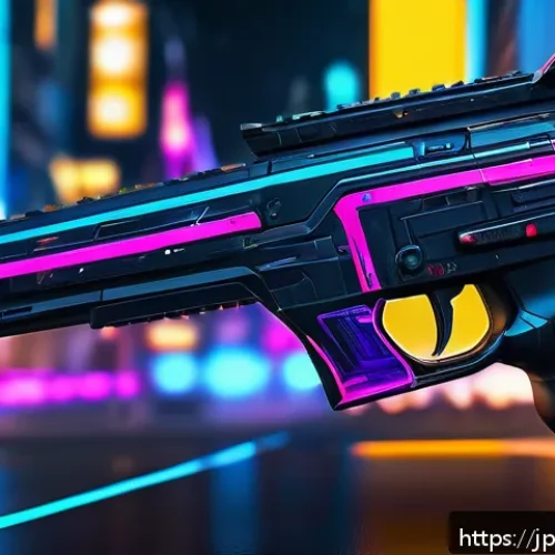 발로란트 스킨 종류 및 가격 - A futuristic cyberpunk-style weapon skin featuring vivid neon colors and intricate glowing light eff...