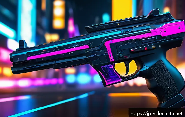 발로란트 스킨 종류 및 가격 - A futuristic cyberpunk-style weapon skin featuring vivid neon colors and intricate glowing light eff...
